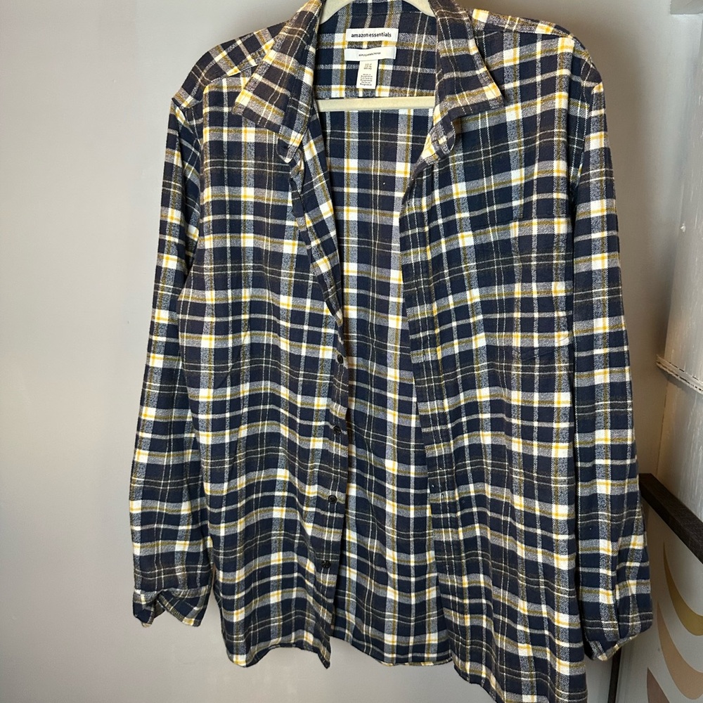 Amazon Essentials Navy and Yellow Plaid Shirt